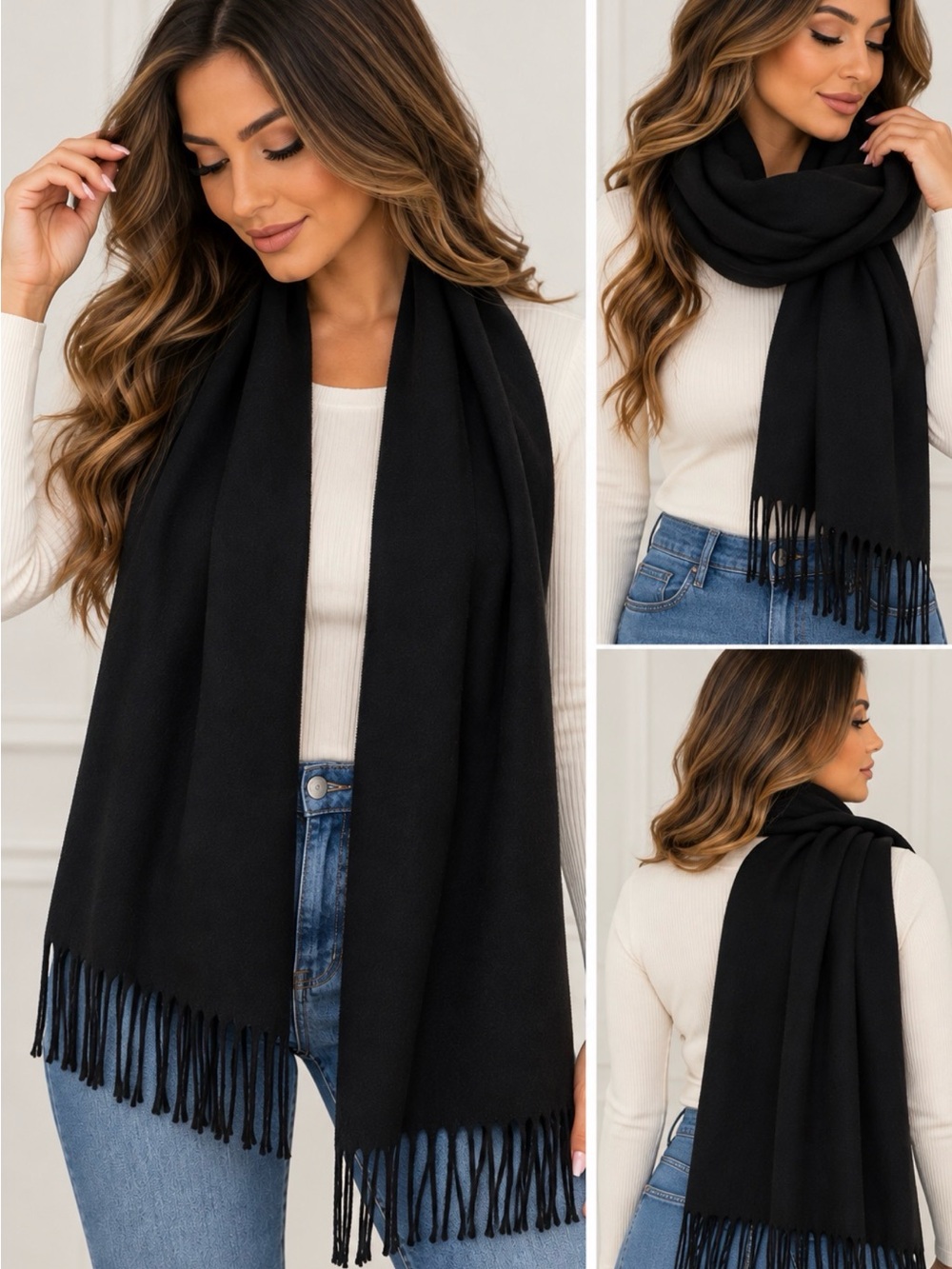 Roundtree & Yorke Black Fringe Wrap Scarf